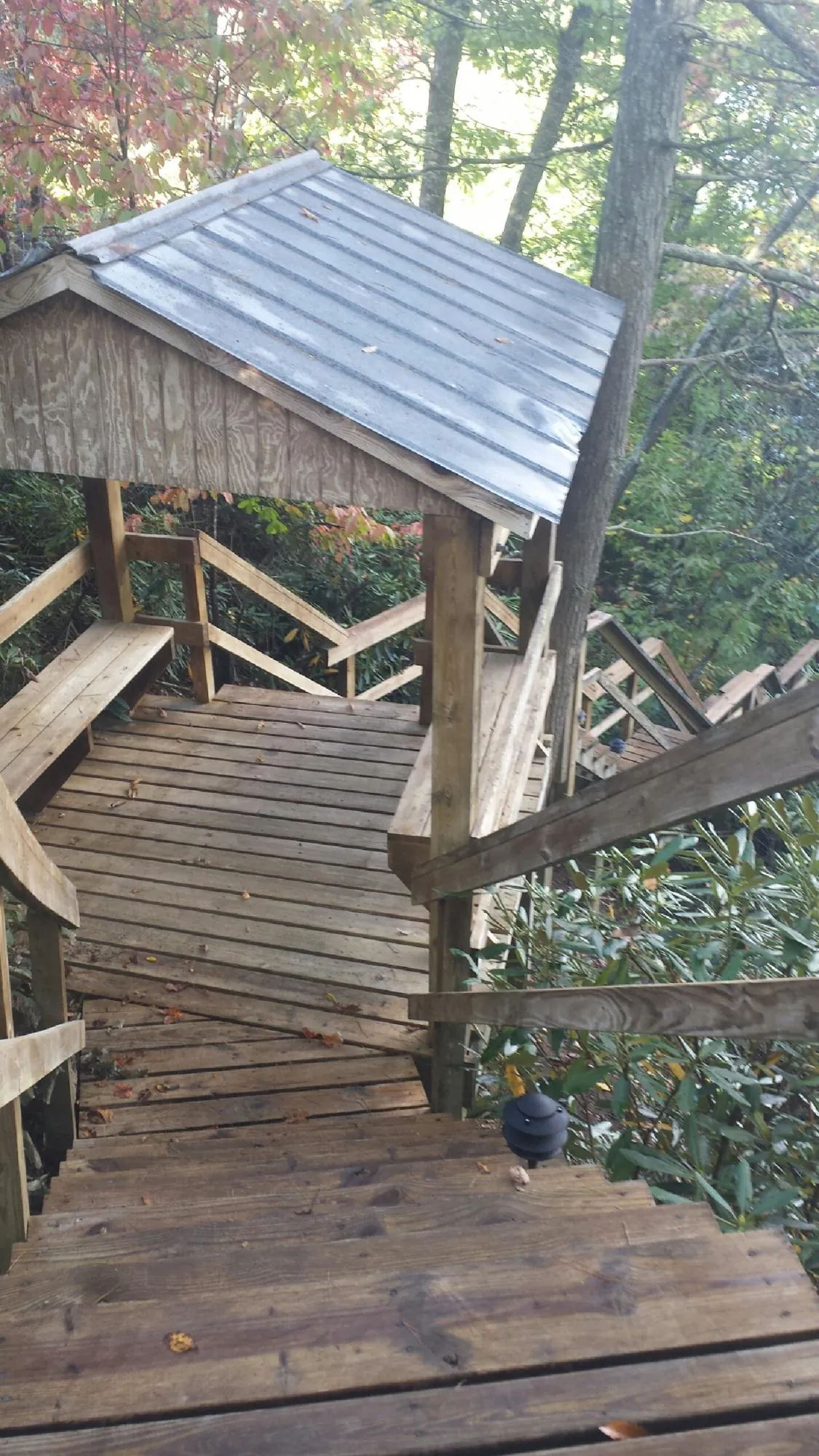 Metal roofed shelter over wooden steps on a wooded walkway — Skylight Repair & Installation work by our crew in Nineveh